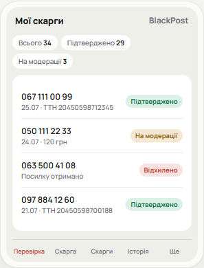 Екран Мої скарги у Telegram Mini App BlackPost